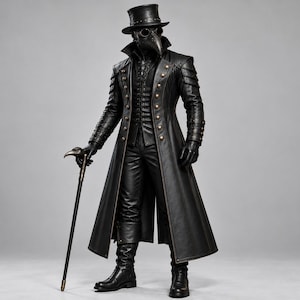 May include: A black plague doctor costume featuring a long leather-like coat with metallic buttons, a bird-like beak mask, a top hat, and matching gloves. The ensemble includes fitted trousers, tall boots, and a walking cane with a bird head handle.