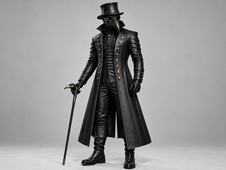 May include: A black plague doctor costume featuring a long leather-like coat with metallic buttons, a bird-like beak mask, a top hat, and matching gloves. The ensemble includes fitted trousers, tall boots, and a walking cane with a bird head handle.
