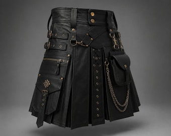 Handgefertigter Kilt aus echtem Leder, Gothic Biker Kilt