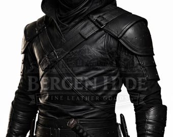 Schwarze Leder Ninja Assassin Kostüm mit Kapuze LARP Rüstung Samurai Krieger Cosplay Outfit Mittelalter