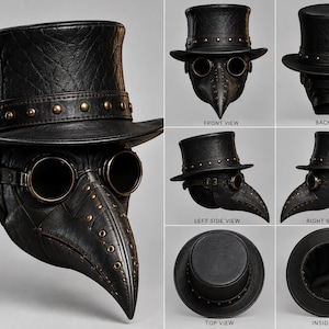 May include: A black plague doctor mask with a top hat, featuring a long pointed beak, round dark-tinted goggles, and metallic stud accents. The set includes multiple views labeled as front, back, left side, right side, top, and inside views.