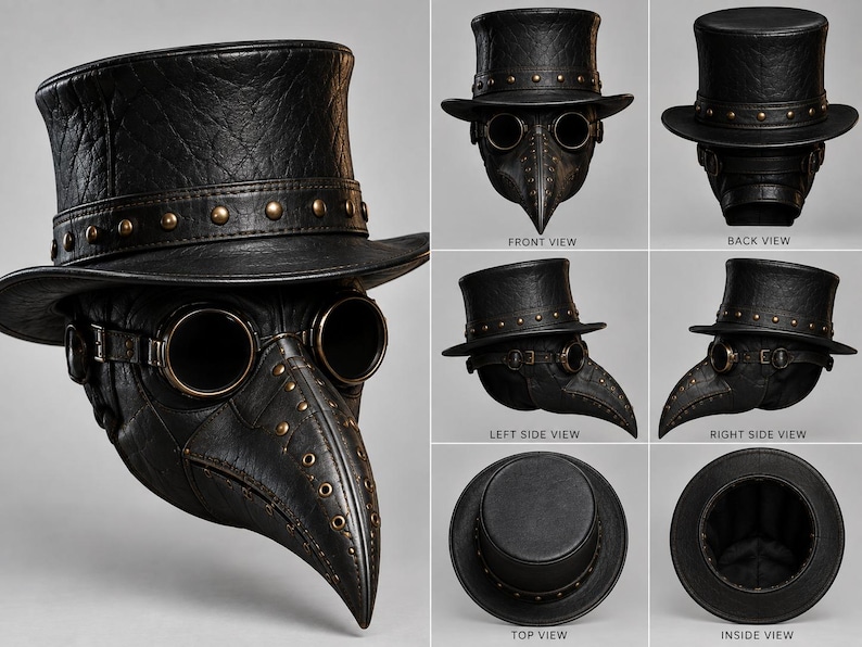 May include: A black plague doctor mask with a top hat, featuring a long pointed beak, round dark-tinted goggles, and metallic stud accents. The set includes multiple views labeled as front, back, left side, right side, top, and inside views.