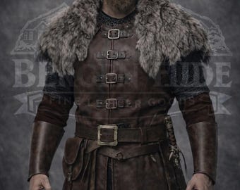 Men Medieval Leather Armor Coat Genuine Leather Viking Fur Vest Warrior Costume