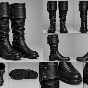 May include: Black knee-high boots featuring a textured finish, a wide fold-over cuff at the top with a small side tab, a rounded toe, and a low block heel. The outsole has a deep tread pattern, and the shaft shows subtle vertical creasing.