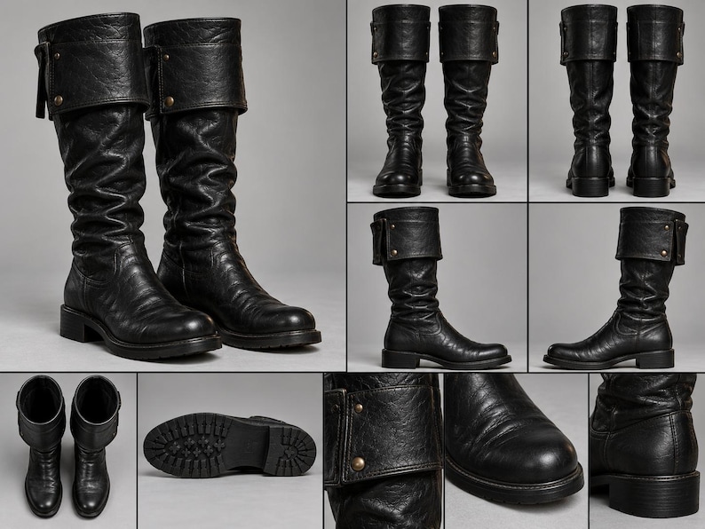 May include: Black knee-high boots featuring a textured finish, a wide fold-over cuff at the top with a small side tab, a rounded toe, and a low block heel. The outsole has a deep tread pattern, and the shaft shows subtle vertical creasing.