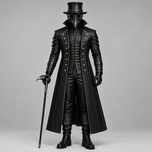May include: A full-length black leather-look coat, trousers, and boots ensemble featuring a plague doctor mask with a long beak, round dark lenses, and a matching top hat. A black cane with a bird-shaped handle is held in one hand.