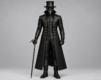 May include: A full-length black leather-look coat, trousers, and boots ensemble featuring a plague doctor mask with a long beak, round dark lenses, and a matching top hat. A black cane with a bird-shaped handle is held in one hand.