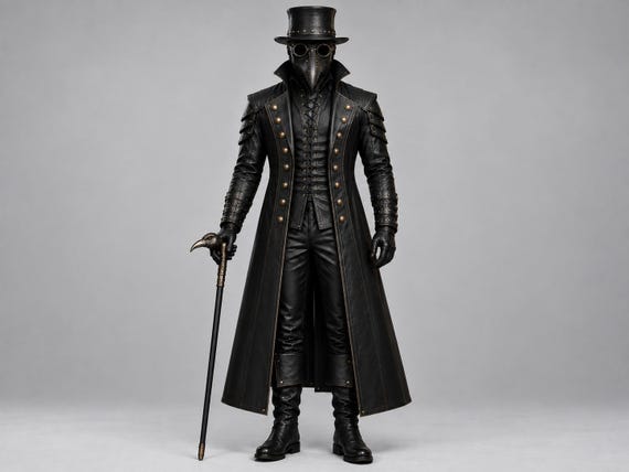 Men’s Leather Plague Doctor Costume, Gothic Leather Coat, Steampunk Victorian Outfit, Halloween Cosplay