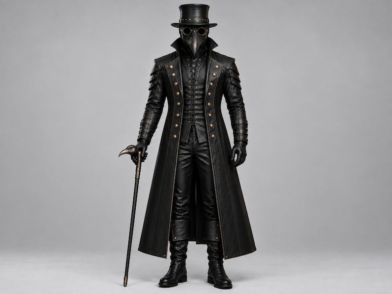 May include: A full-length black leather-look coat, trousers, and boots ensemble featuring a plague doctor mask with a long beak, round dark lenses, and a matching top hat. A black cane with a bird-shaped handle is held in one hand.