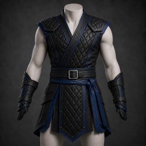 以下が含まれることがあります： キルティング加工が施された黒のノースリーブチュニックで、青い縁取りが特徴です。銀色のバックルが付いた同色のベルトと、青いアクセントが入った黒い前腕ガードが付属しており、フロントはラップスタイルで、スカート部分は重ね着風のデザインです。