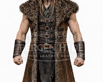Viking Faux Fur Leather  Men | Medieval Shearling Leather Long Coat | Norse Warrior Costume