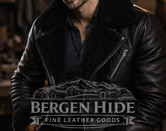 Men Black Shearling Leather Jacket Genuine  Aviator Biker Jacket Winter Fur Lined Coat