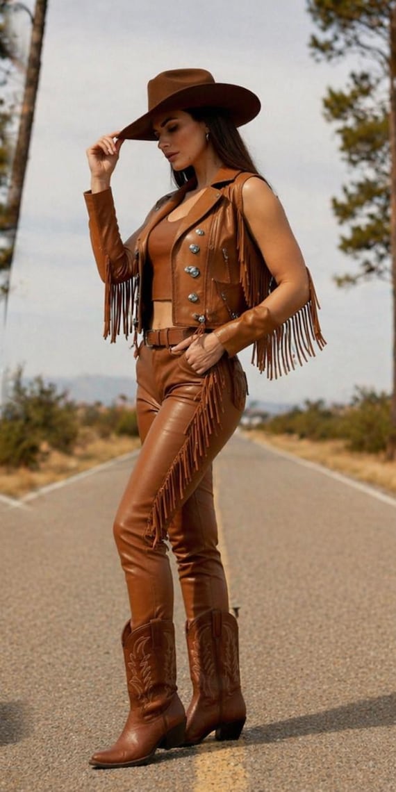 Western Leather Cowgirl Outfit Women, Brown Fringe Rodeo Cowgirl Costume
