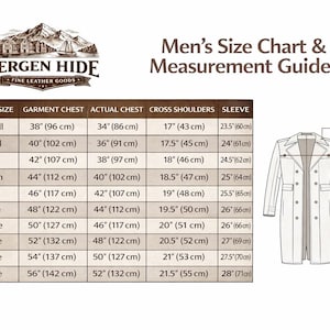 May include: A Bergen Hide size chart and measurement guide featuring a table with garment sizes from 2x-Small to 5x-Large. It includes columns for garment chest, actual chest, cross shoulders, and sleeve length in inches and centimeters.