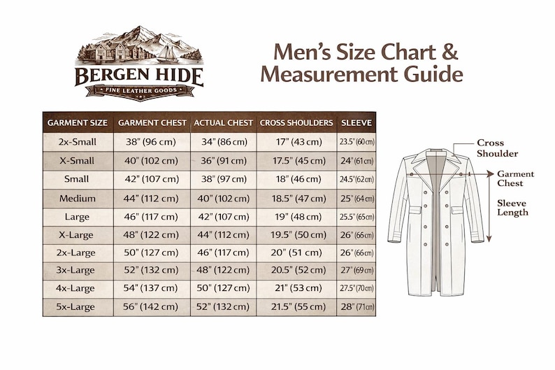 May include: A Bergen Hide size chart and measurement guide featuring a table with garment sizes from 2x-Small to 5x-Large. It includes columns for garment chest, actual chest, cross shoulders, and sleeve length in inches and centimeters.