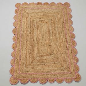 Hand Braided Jute Rug with Pink Scalloped Border Boho Coastal Decor