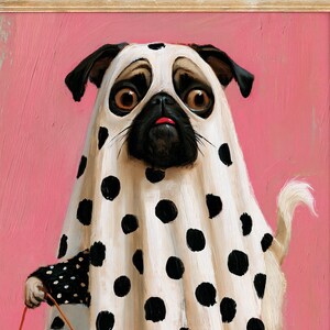 May include: A framed wall art print featuring a pug dog wearing a white ghost costume with black polka dots. The dog is holding an orange pumpkin bucket. The background is a solid pink colour. The text The Wonky Window EST 2025 is visible.