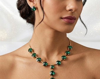 Gold plated Anti-Tarnish Green Necklace Set With Earrings for women