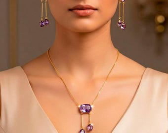 Conjunto de collar con colgante geométrico de cristal morado y pendientes colgantes, joyería chapada en oro resistente al deslustre.