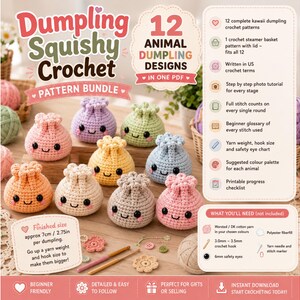 Paquete de patrones de ganchillo de dumplings blanditos, 12 patrones de ganchillo de dumplings de animales en PDF, peluches de comida amigurumi kawaii, patrón de ganchillo sin costuras