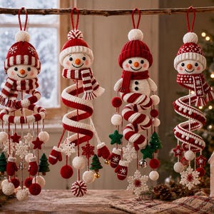 Könnte beinhalten: Vier hängende Schneemann-Ornamente aus Häkelarbeit, jeweils mit einer rot-weißen Strickmütze und einem Schal. Unter jedem Schneemann befindet sich ein rot-weißer Spiralschwanz, verziert mit kleinen gehäkelten Fäustlingen, grünen Tannen, weißen Schneeflocken, roten Sternen und Bommeln.