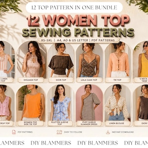 Peut inclure: Un ensemble numérique de 12 patrons de couture pour hauts, incluant divers styles comme des débardeurs en lin à col en V, des hauts dolman, des hauts Dior, des caracos Lola, des hauts à nouer, des hauts à manches volantées et une robe d'été.