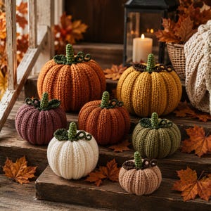 May include: A collection of seven crocheted pumpkins in various sizes and colors, including orange, mustard yellow, muted purple, cream, olive green, and light pink. Each pumpkin features a ribbed texture and a small green crocheted stem.