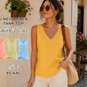 Patron de couture de débardeur en lin à col en V PDF | d'été ample pour femme | Haut facile pour débutants | TP-4TG | A4, A0 et lettre US | Téléchargement facile