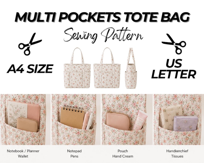 Tote Bag Sewing Pattern PDF, Multi Pocket Canvas Shopper Bag, Easy DIY ...