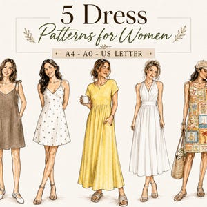 Puede incluir: Una ilustración digital titulada 5 Dress Patterns for Women, que muestra cinco diseños de vestidos distintos en formatos A4, A0 y US Letter. La colección incluye un vestido tipo lencero marrón, un minivestido blanco con flores, un vestido largo amarillo, un vestido cruzado blanco y un vestido sin mangas estampado.