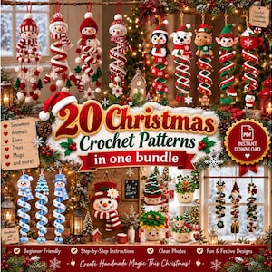 May include: A digital bundle of 20 Christmas crochet patterns featuring spiral ornaments of snowmen, animals, elves, and mugs. The image displays various finished crochet decorations, text reading 20 Christmas Crochet Patterns in one bundle, and an instant download PDF icon.