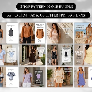 May include: A digital collection of 12 sewing patterns for tops and dresses in a bundle. The image displays various garments including blouses, tank tops, and dresses with text labels such as 12 TOP PATTERN IN ONE BUNDLE, XS-5XL, A4-A0 & US LETTER, and PDF PATTERNS.