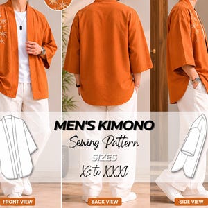 Op de afbeelding: Een oranje jas in kimono-stijl met een geborduurd bamboeontwerp op het voorpand. De afbeelding toont voor-, achter- en zijaanzichten van het kledingstuk, samen met een naaipatroon met de tekst MEN'S KIMONO SIZES XS to XXXL.