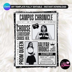 Op de afbeelding: Zwart-wit afdrukbare sjabloon voor een campuskrant, "Campus Chronicle", met de kop "Choose Leadership. Choose Her." Bevat foto's van twee vrouwen en details voor een verkiezing op 24 mei 2026. Bevat de tekst "DIY TEMPLATE FULLY EDITABLE - INSTANT DOWNLOAD".