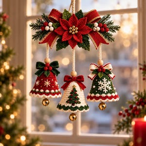 Peut inclure: Une décoration de Noël suspendue composée de trois cloches crochetées accrochées à un arrangement central de poinsettia rouge et de branches de pin vert. Les cloches sont rouges, blanches et vertes, ornées de grelots métalliques à la base.