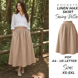 May include: A digital sewing pattern for a tan linen maxi skirt with pockets. The text reads POCKETS LINEN MAXI SKIRT Sewing Pattern, PDF, A4 - US LETTER - A0, and Sizes XS-5XL. The image displays a tan skirt with a gathered waist and full hem.