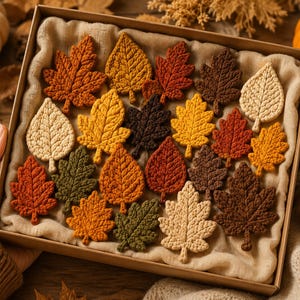 May include: A collection of twenty-one crocheted leaf ornaments arranged inside a rectangular cardboard box lined with beige fabric. The leaves feature various autumn-inspired colors including shades of orange, yellow, brown, green, and cream.