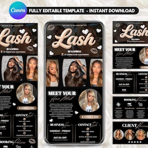 Könnte beinhalten: Eine digitale Marketingvorlage für einen Wimpern- und Haarstylisten, die ein Smartphone-Modell mit dem Wort "Lash" in einer stilvollen Schriftart zeigt. Das Design umfasst Bilder von Frisuren, Kontaktinformationen und Buchungsdetails, alles vor einem schwarzen Hintergrund.