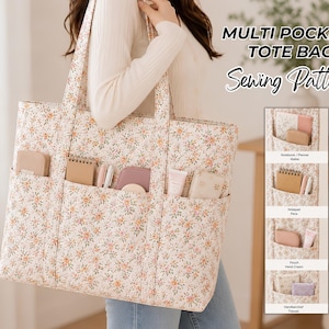 May include: A tote bag with a floral pattern featuring multiple exterior pockets. The bag is cream-colored with small orange and green flowers. Text on the image reads: MULTI POCKETS TOTE BAG Sewing Pattern, with smaller labels for pocket contents.