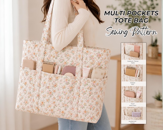Tote Bag Sewing Pattern PDF, Multi Pocket Canvas Shopper Bag, Easy DIY Sewing Tutorial, Photo Instructions, Video Guide, Instant Download