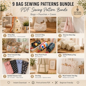 May include: A 9 bag sewing patterns bundle featuring PDF sewing patterns for bags, pouches, and cases. The image displays nine distinct designs including a sling bag, crescent bag, slouchy hobo bag, floral crescent bag, pencil pouches, and tote bags.