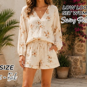 May include: A two-piece set consisting of a long-sleeved V-neck top and shorts in a cream fabric with a brown floral print. The text LOW LOOSE SET WOMEN Sewing Pattern and SIZE xs - 5xl is visible on the image.