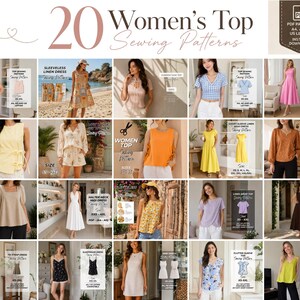 May include: A digital collection of 20 sewing patterns for tops and dresses, featuring various styles like tank tops, blouses, and midi dresses. The image displays multiple garment examples with labels for sizes, PDF formats, and instant download options.
