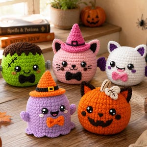 Puede incluir: Cinco figuras de peluche tejidas a ganchillo con temas de Halloween: un monstruo verde con pernos, un gato rosa con sombrero de bruja, un murciélago blanco con alas moradas, un fantasma morado con sombrero naranja y una calabaza naranja con rasgos negros.