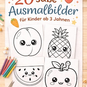 Kawaii Ausmalbilder Kinder PDF | 20 süße Obst & Gemüse Motive | Malbuch ab 3 Jahre | Kindergarten Beschäftigung | Sofort Download
