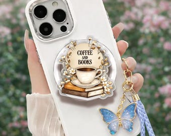 Coffee and Books Phone Grip, Cozy Bookish Magnetic Loop Stand (MagSafe)