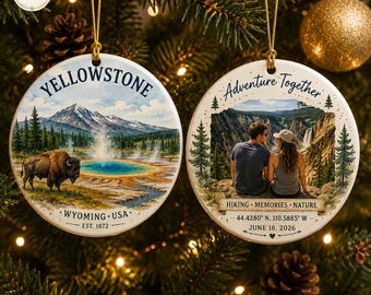 Custom Watercolor Mountain Photo Ceramic Ornament, Adventure Memory Keepsake, Personalized Christmas Decoration
