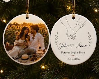 Custom Couple Photo Ceramic Ornament: Watercolor Style, Double Sided Christmas Tree Decoration, Couple Gift