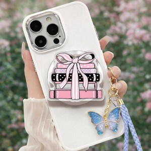 Pink Book Stack Phone Grip, MagSafe Compatible Stand, Reader Holder