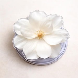 May include: A white, realistic-looking flower with multiple petals, centered in a clear, flower-shaped container. The flower has a yellow center and is set against a light background. The container has a silver rim.